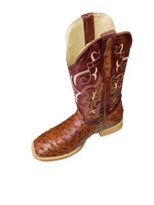 Men's Square Toe Boots Cognac Ostrich Print Leather