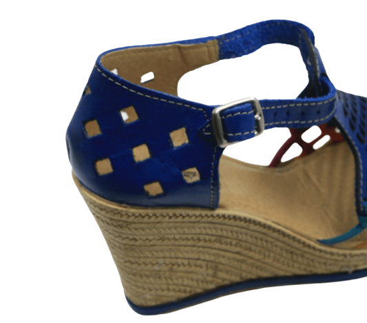 Women Genuine Leather Espadrille Wedges Mexican Blue Color Sandals CR1116